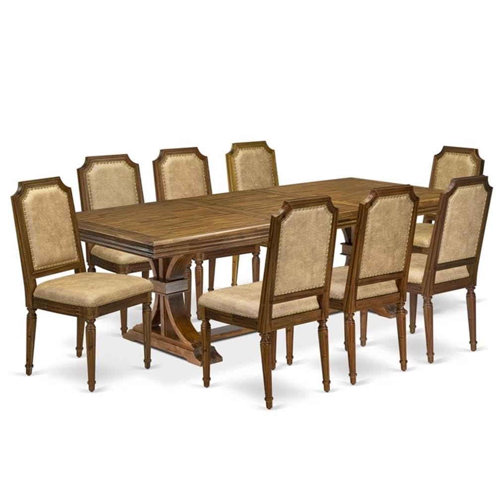 9-Piece Acacia Wood Dining Table Set with 8 Beige PU Leather Chairs G6043