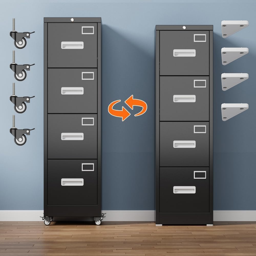 4 Drawer Black Metal File Cabinet with Lock and Wheels L787768