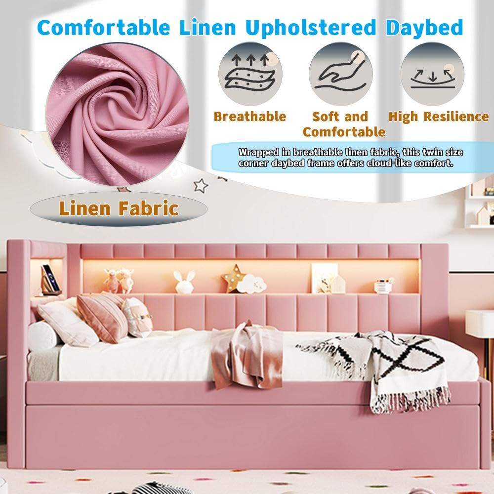 Twin Size Linen Fabric Daybed with Trundle and USB Ports J211
