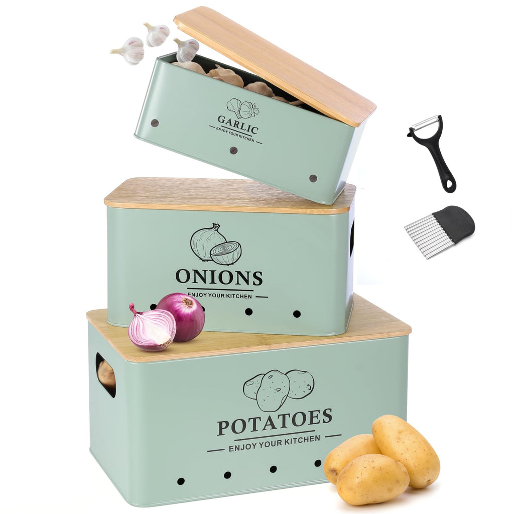 Metal Vegetable Storage Set of 3 with Aerating Holes and Bamboo Lid K1369