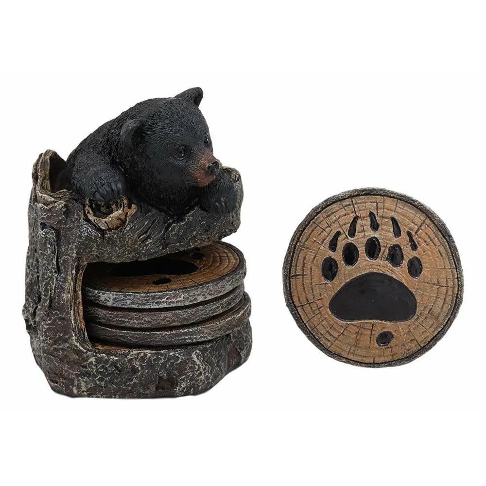 Black Bear Cub Tree Trunk Coaster Holder with 4 Coasters Set O792