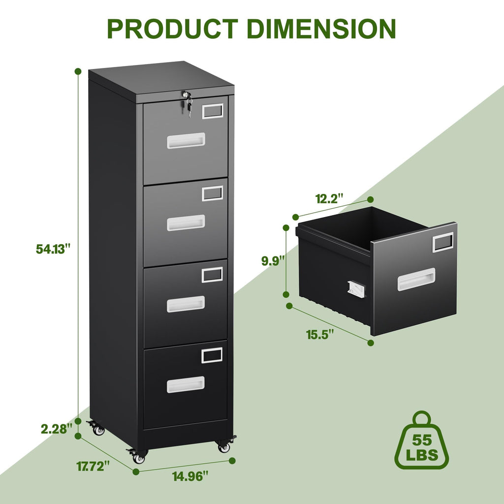 4 Drawer Black Metal File Cabinet with Lock and Wheels L787768
