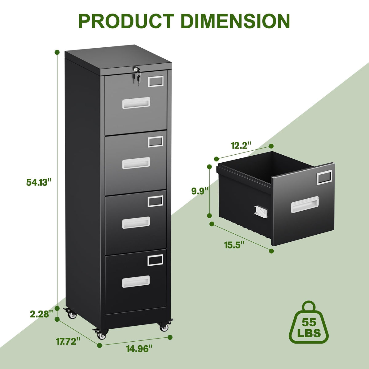 4 Drawer Black Metal File Cabinet with Lock and Wheels L787768
