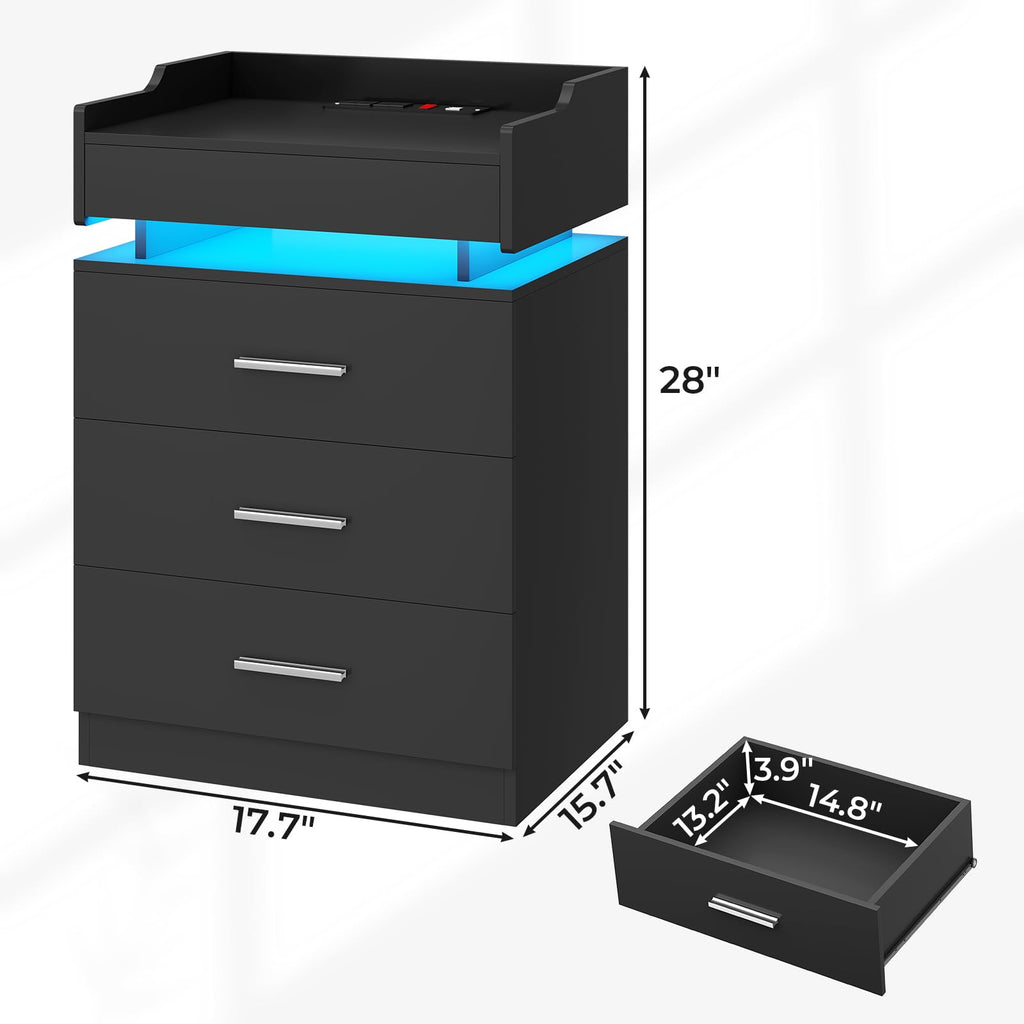 Black 3 Drawer Nightstand with Charging Station and LED Lights Z110064