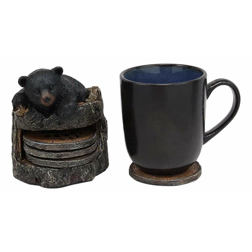 Black Bear Cub Tree Trunk Coaster Holder with 4 Coasters Set O792