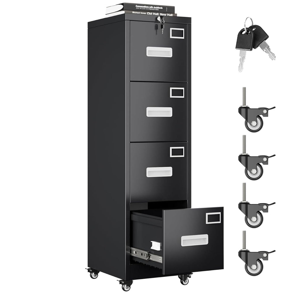 4 Drawer Black Metal File Cabinet with Lock and Wheels L787768