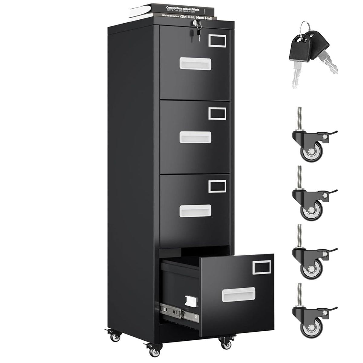 4 Drawer Black Metal File Cabinet with Lock and Wheels L787768
