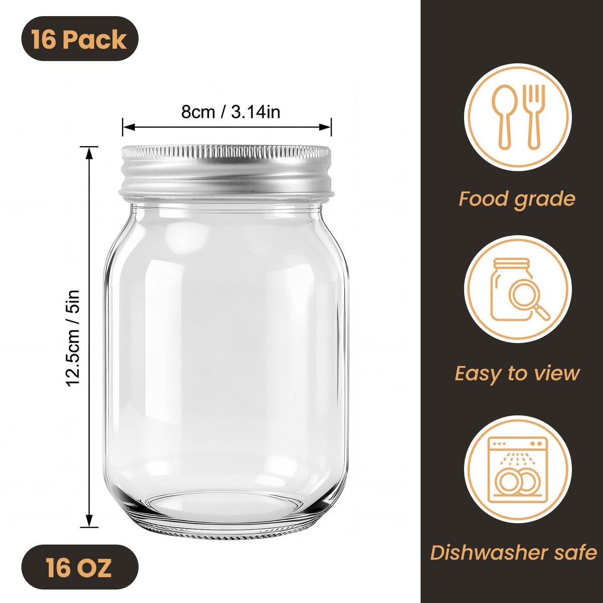 16 Pack 16 Oz Clear Glass Mason Jars V35049