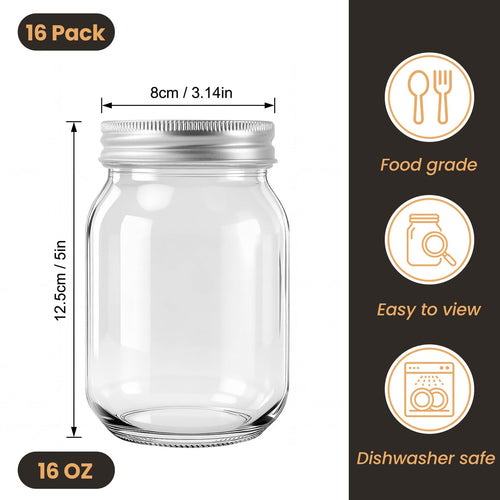 16 Pack 16 Oz Clear Glass Mason Jars V35049