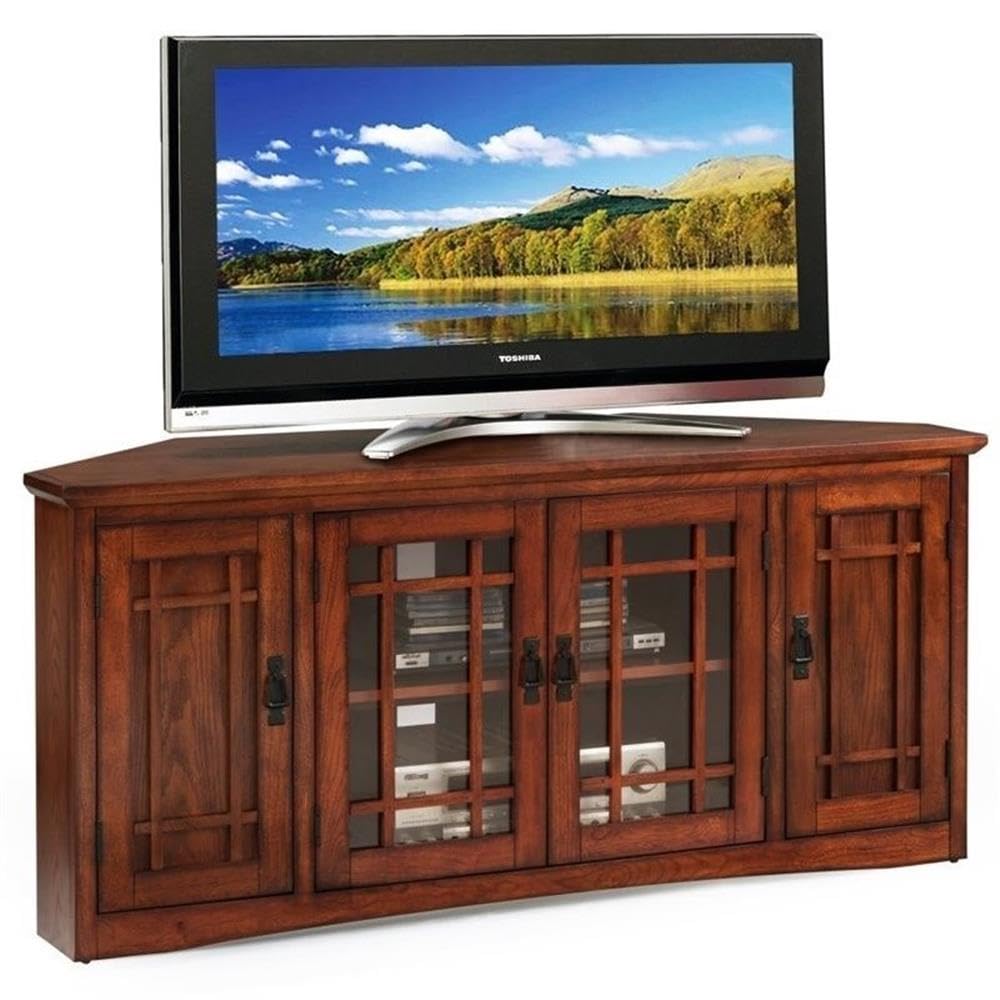 56" Corner TV Stand with Tempered Glass Doors and Adjustable Shelves A955
