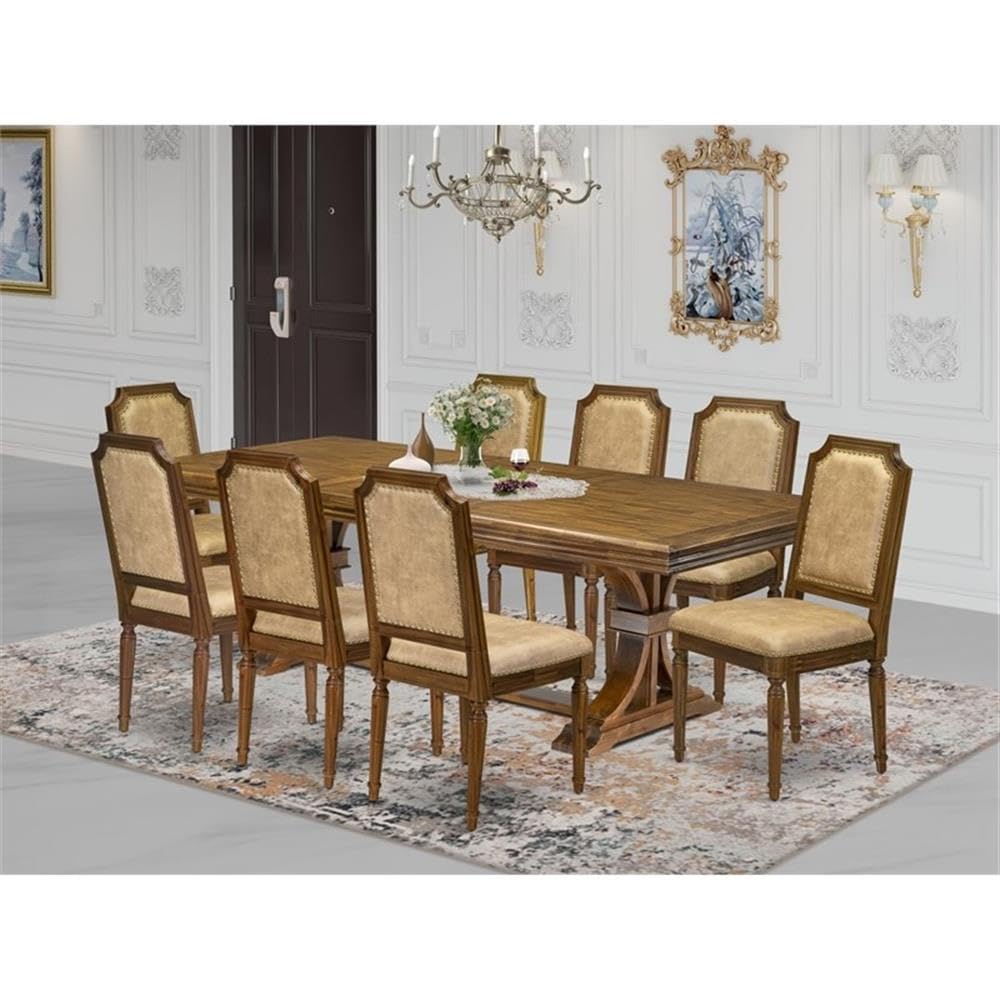 9-Piece Acacia Wood Dining Table Set with 8 Beige PU Leather Chairs G6043