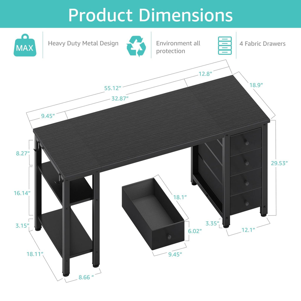 Black 55 inch Gaming Desk with 4 Drawers and Shelves E442