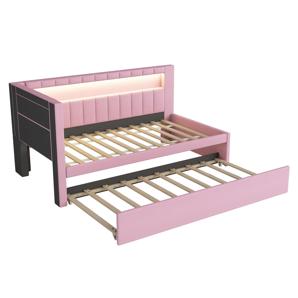 Twin Size Linen Fabric Daybed with Trundle and USB Ports J211