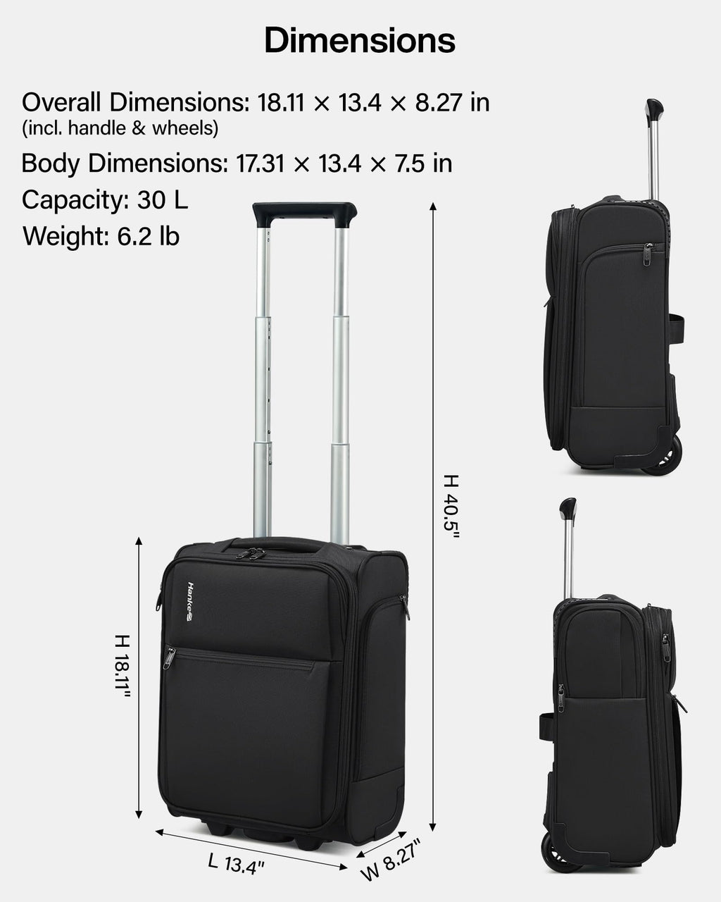 17 Inch Black Underseat Carry On Luggage with Wheels A737