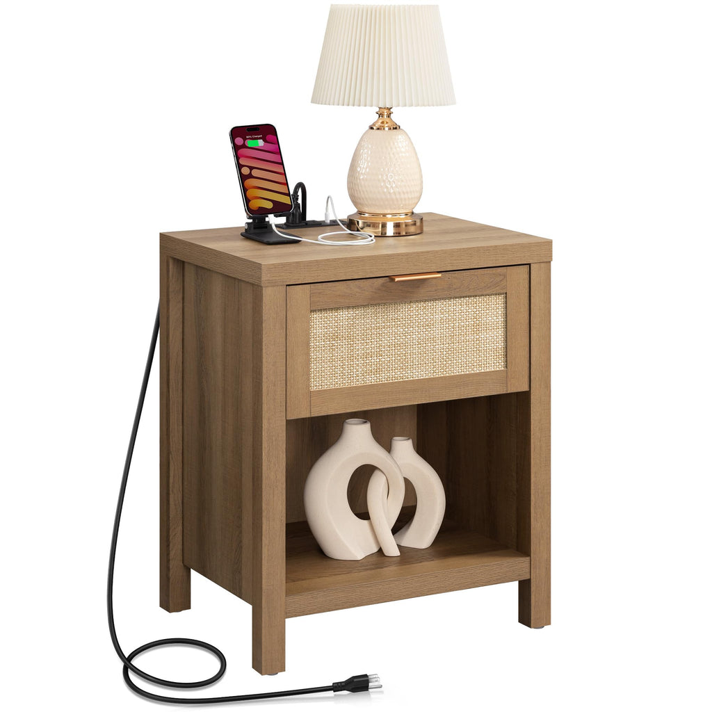 Rattan Night Stand with Charging Station P1638