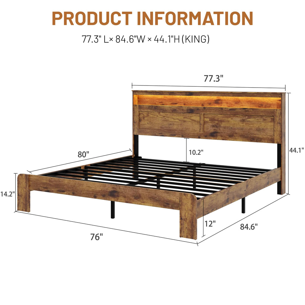King Size Wooden Bed Frame with Storage Headboard U830843