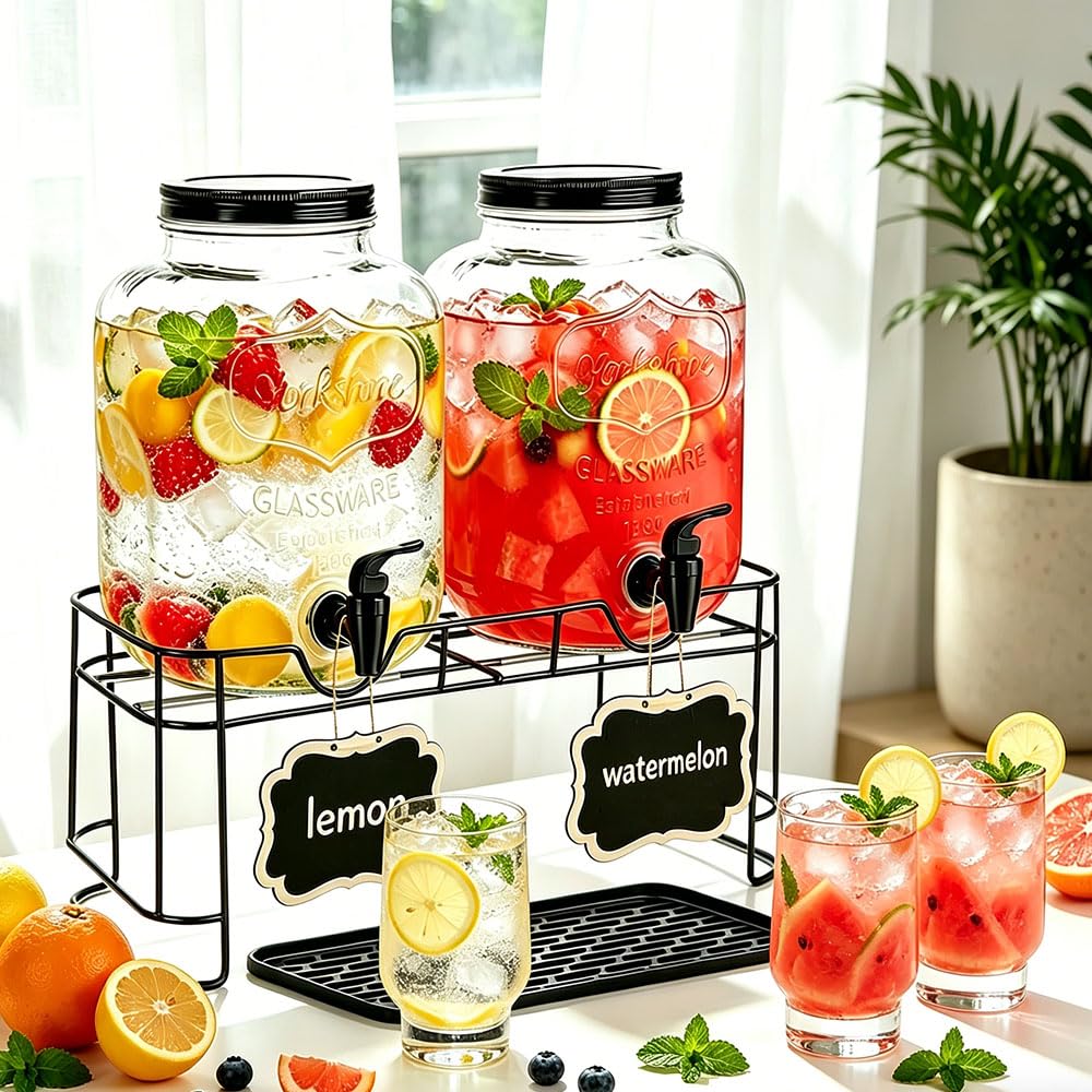 2 Pack 1.5 Gallon Glass Beverage Dispenser with Stand K5370