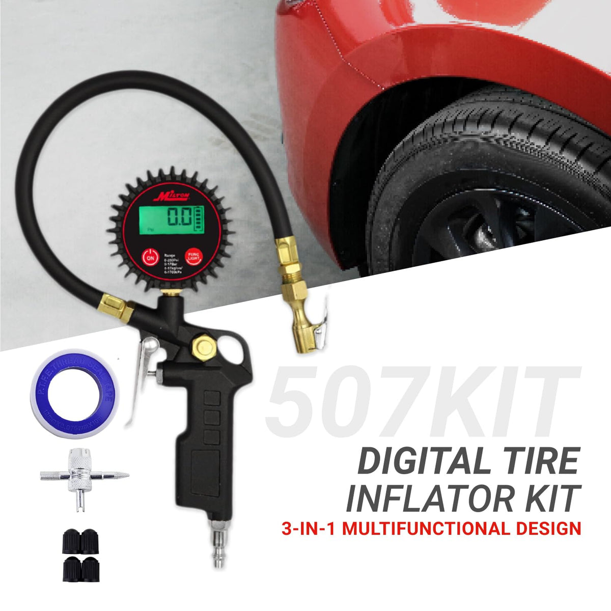 Digital Tire Inflator with Pressure Gauge and 14” Rubber Air Hose H9460