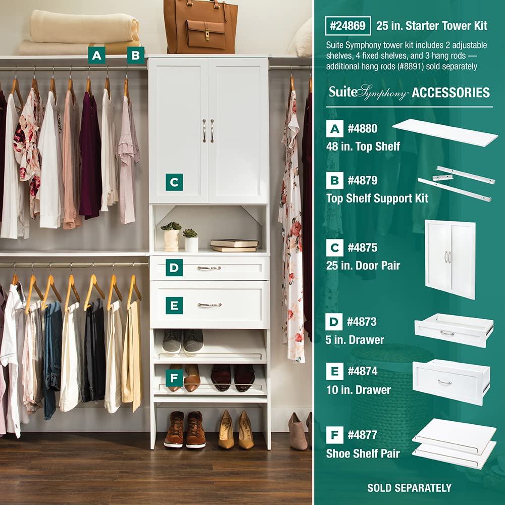 Wood Closet Organizer System with Tower and 3 Hang Rods and Shelving G1667