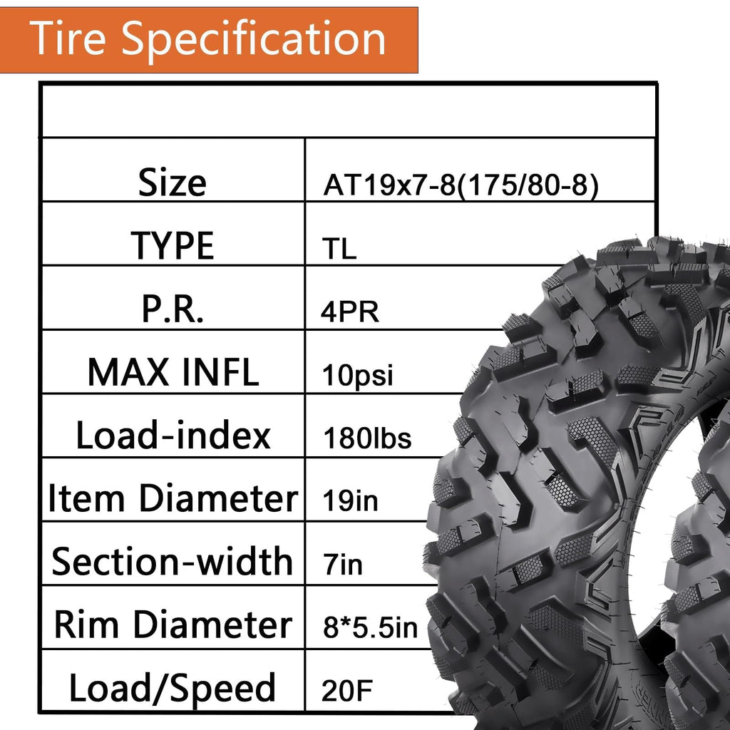2 Pack 19x7-8 Tubeless All Terrain ATV Tires M91380