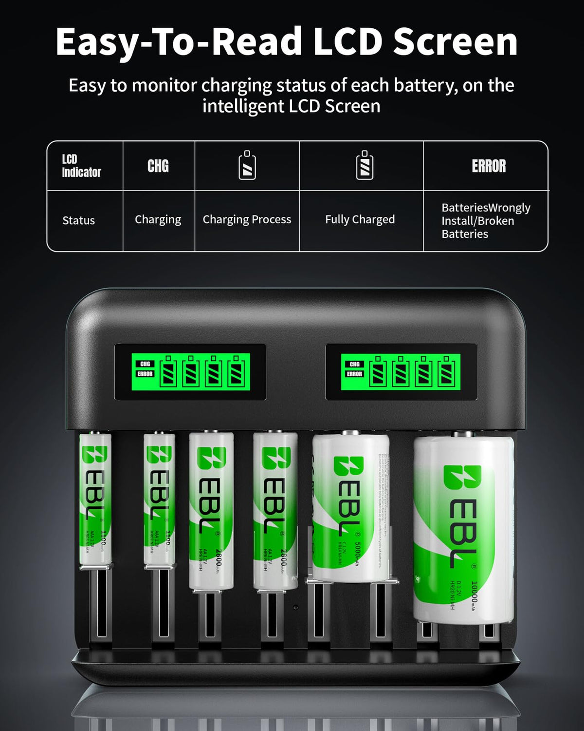 8 Bay LCD Battery Charger with 12 AA and 8 AAA Batteries C905