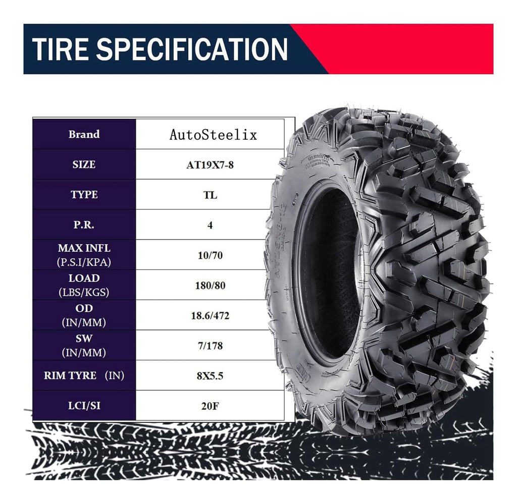 2 Pack 19x7-8 Tubeless All Terrain ATV Tires M91380