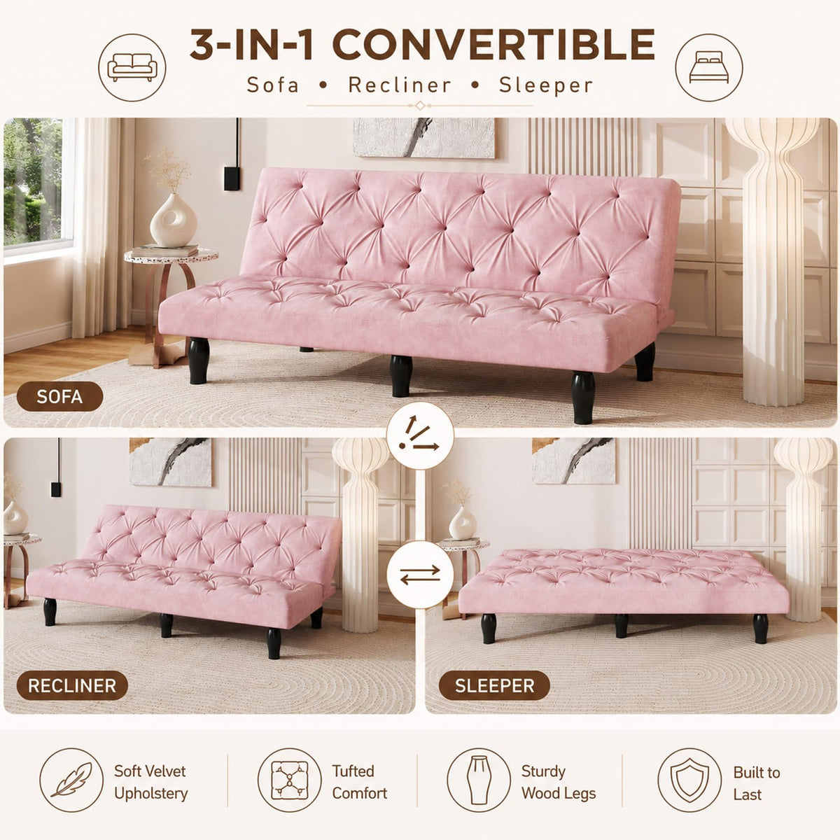 Pink Velvet Futon Sofa Bed P755