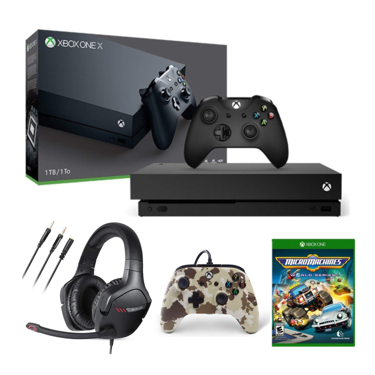 Xbox One X 1TB Gaming Console with Wireless Controller, Headset, Wired Controller and Game S323181