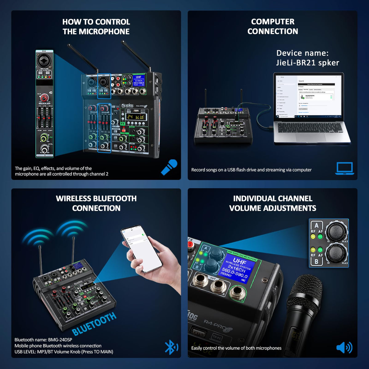 4 Channel Karaoke Mixer with 2 Wireless Microphones Q3222