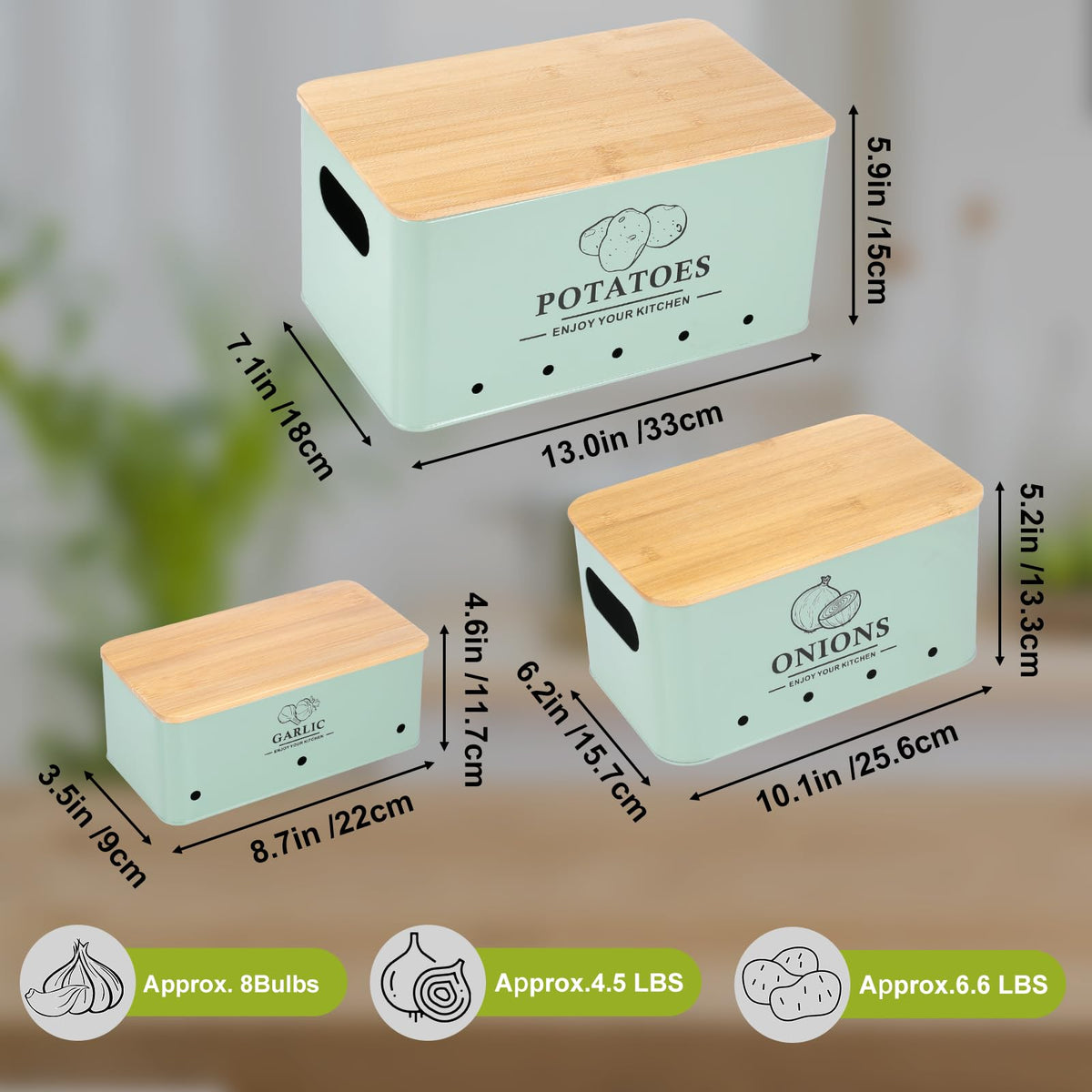 Metal Vegetable Storage Set of 3 with Aerating Holes and Bamboo Lid K1369