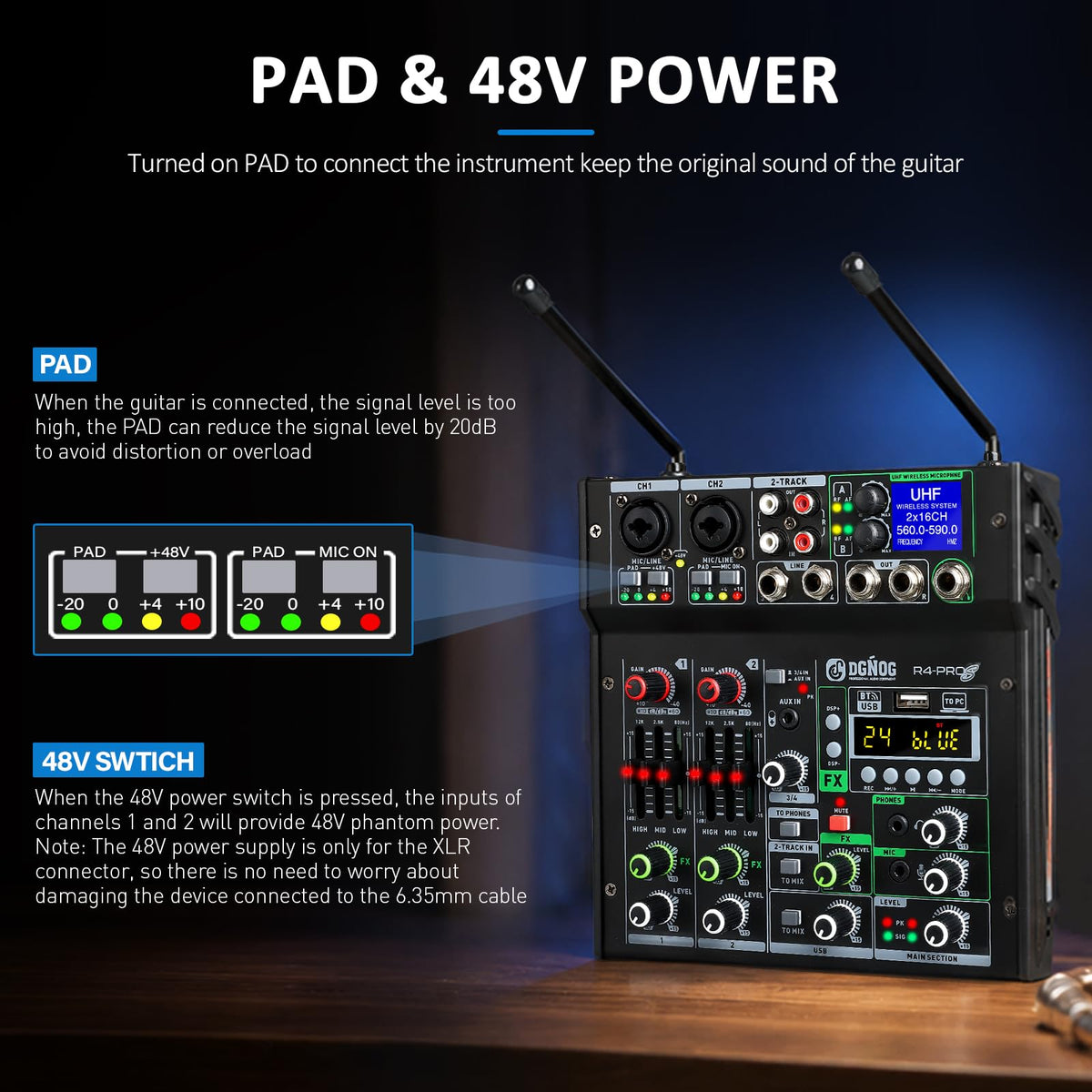 4 Channel Karaoke Mixer with 2 Wireless Microphones Q3222