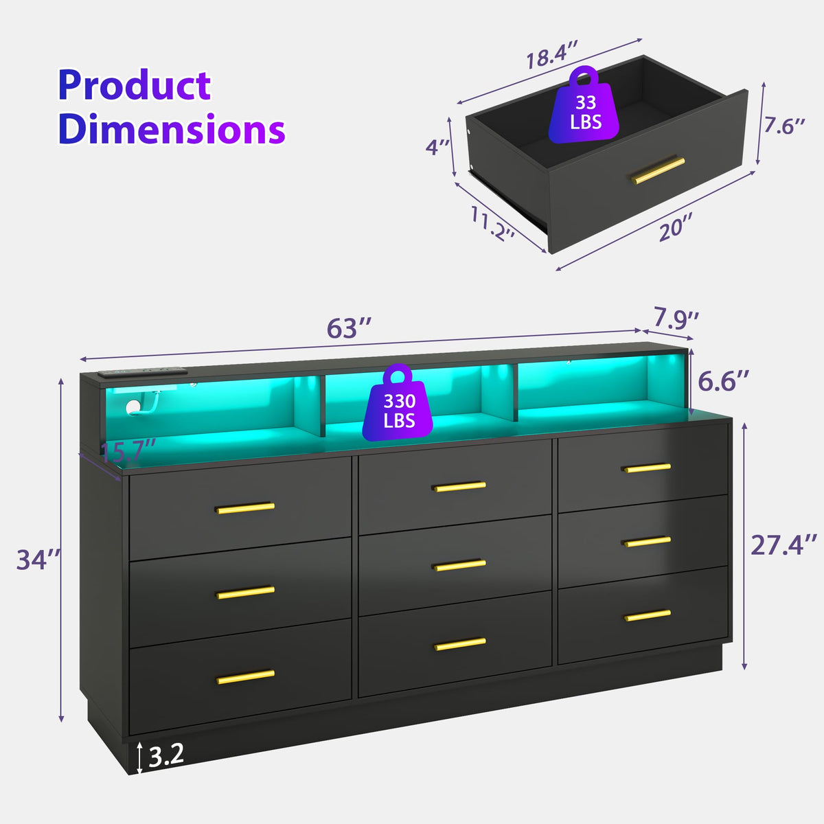 Black 9 Drawer Wood Dresser with LED Light and Power Outlet N458