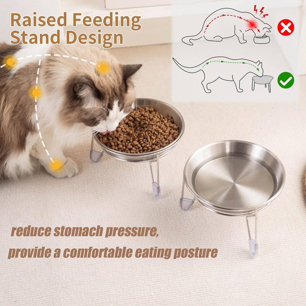 6.7" Elevated Stainless Steel Cat Bowls with Anti-Slip Stand W310
