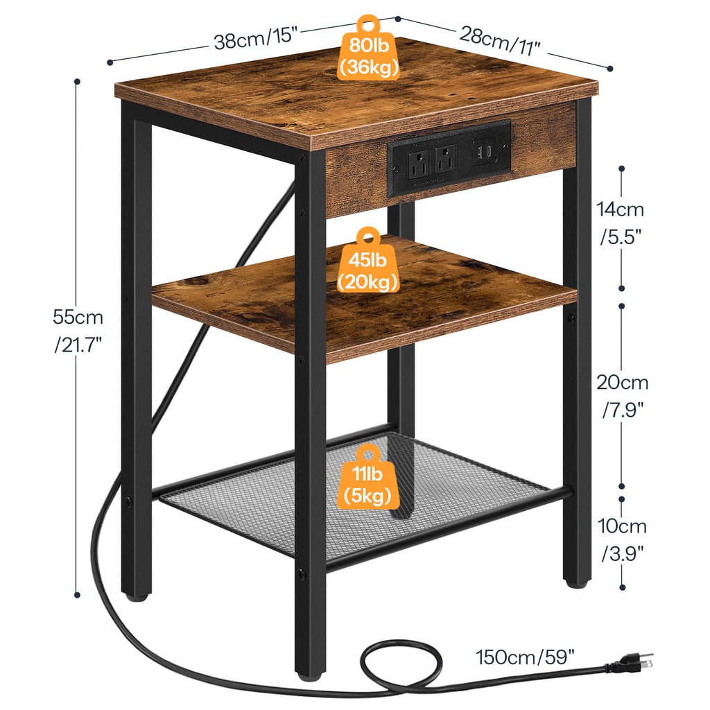 Side Table with Charging Station and USB Port, 3-Tier Nightstand with Adjustable Shelf, Rustic Brown G522