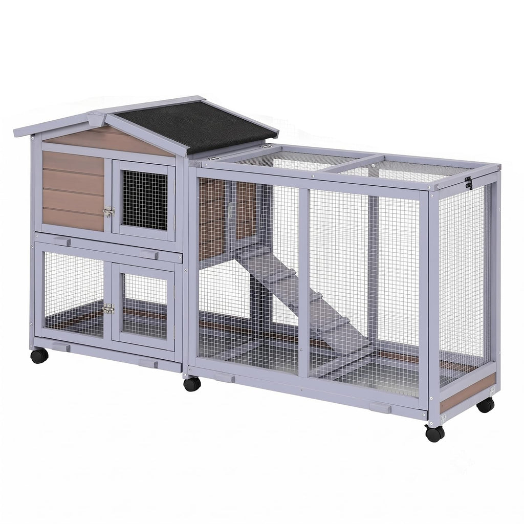Wooden Rabbit Hutch with Casters and Tray P53564