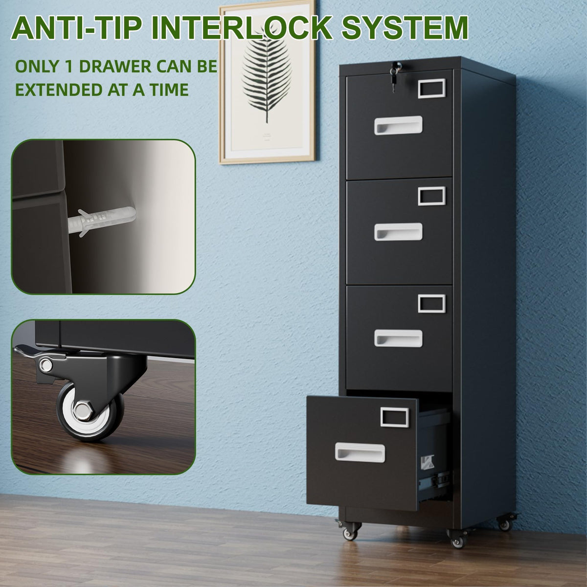 4 Drawer Black Metal File Cabinet with Lock and Wheels L787768