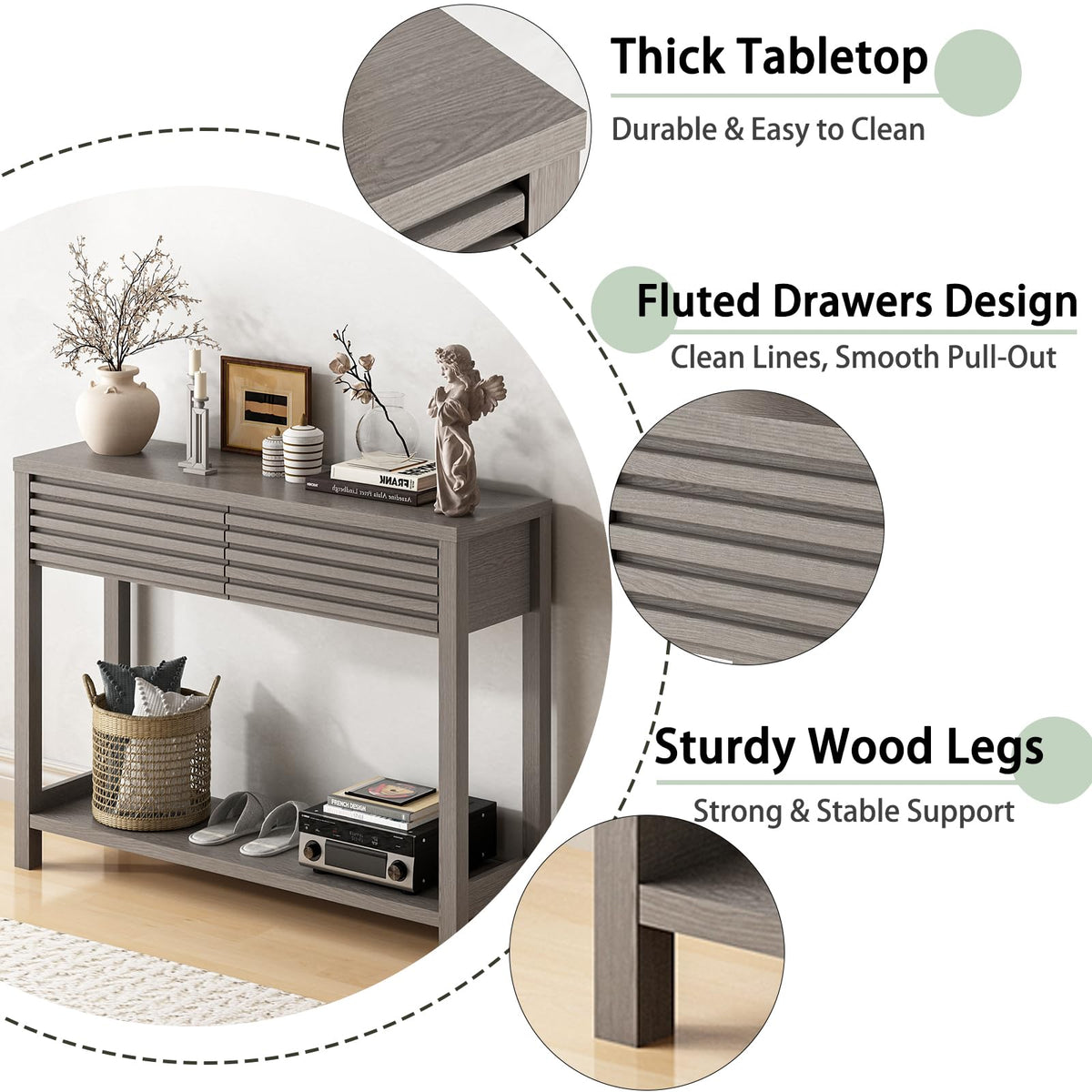 Oak Gray Fluted Console Table with Drawers E8962