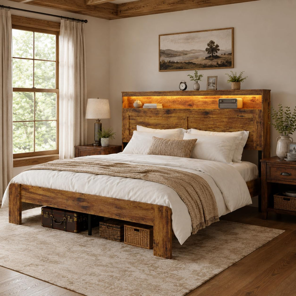 King Size Wooden Bed Frame with Storage Headboard U830843