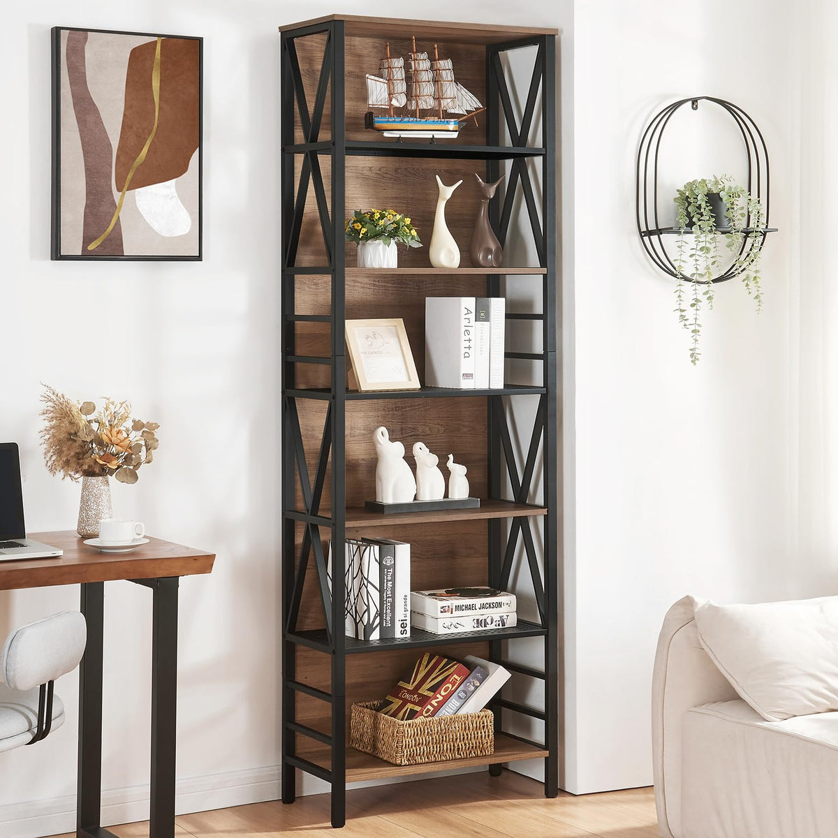 7-Tier Rustic Wood Metal Bookshelf H279368