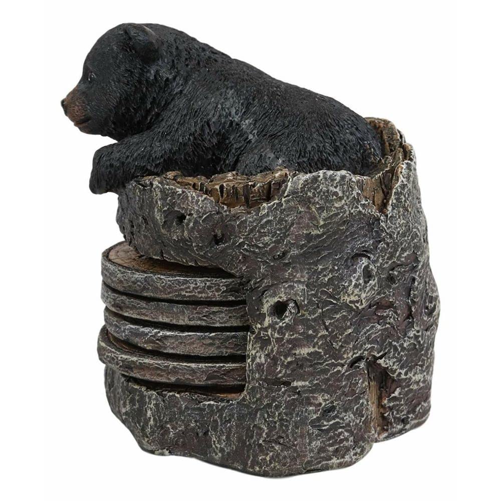 Black Bear Cub Tree Trunk Coaster Holder with 4 Coasters Set O792