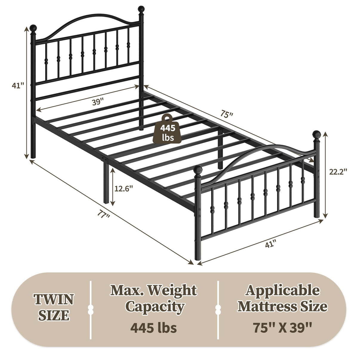 Twin Size Metal Platform Bed Frame with Headboard & Footboard X8711