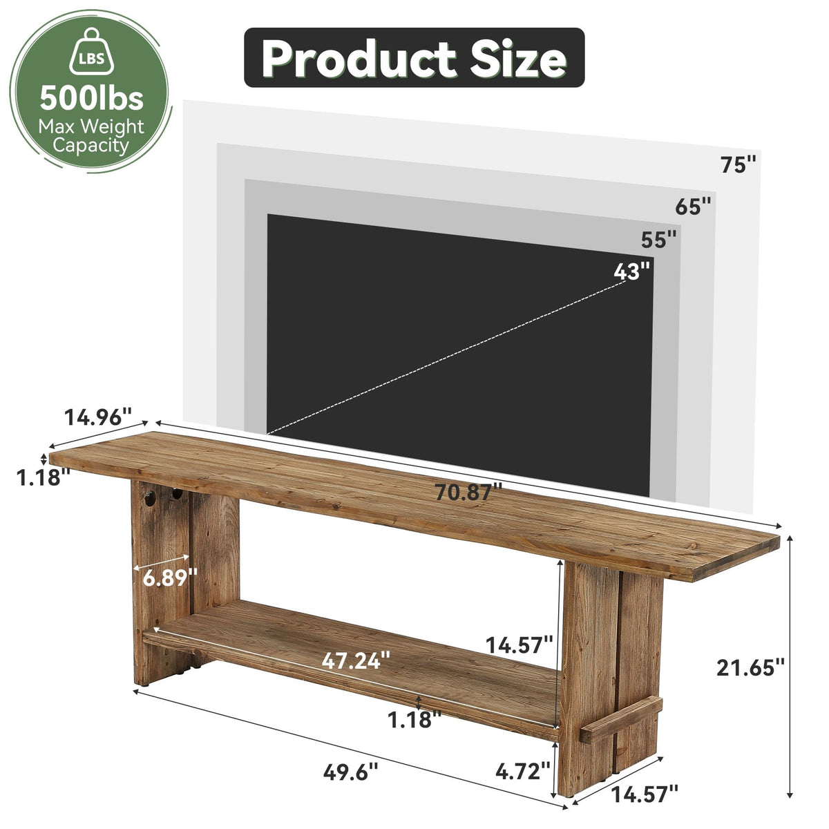 71" Solid Wood 2-Tier TV Stand F521