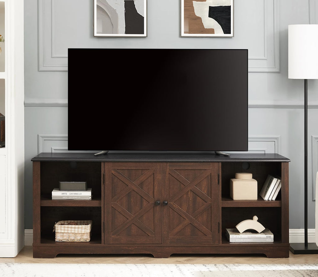 Espresso and Black TV Media Stand with Open Shelves and Closed Cabinets D82158
