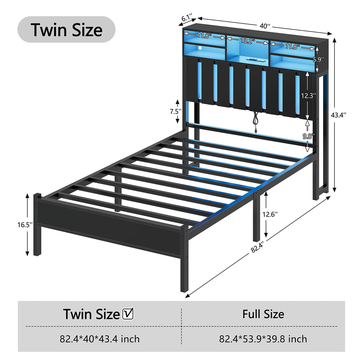 Twin Size Bed Frame with Storage Headboard and LED Lights H755