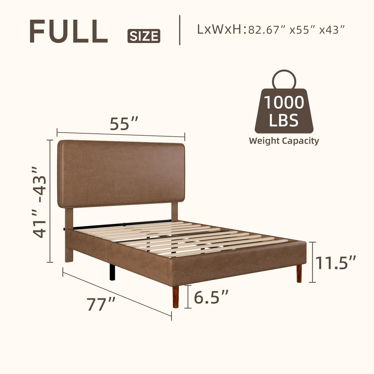 Brown Leather Full Size Platform Bed Frame J798249