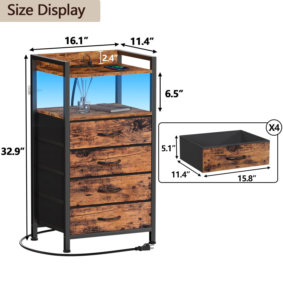 4 Drawer Night Stand with Charging Station C592