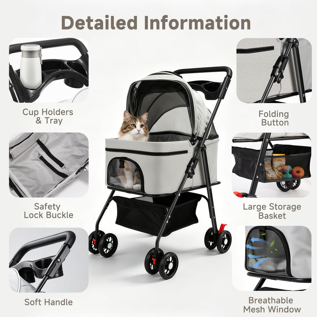 4 Wheels Foldable Pet Stroller with Detachable Carrier B3511