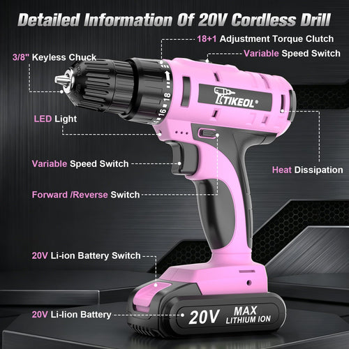 20V Cordless Pink Drill Set with Battery & Charger Q3859