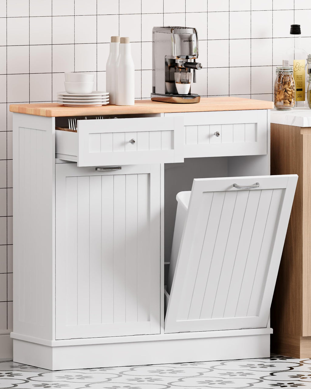 2 x 10 Gallon White Tilt Out Trash Cabinet with 2 Storage Drawer U3323