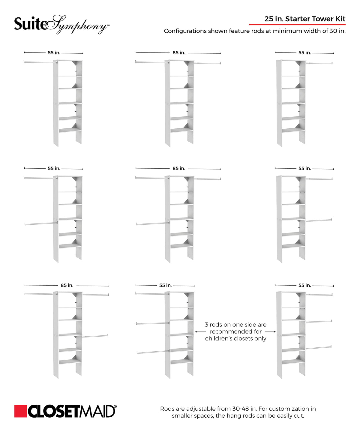 Wood Closet Organizer System with Tower and 3 Hang Rods and Shelving G1667